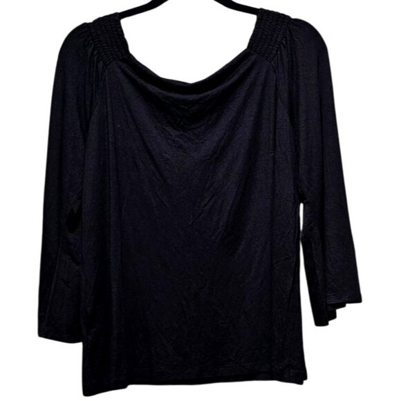 Iman Global Chic Black Top With Smocked Shoulders & Draped Neckline - Picture 2 of 9
